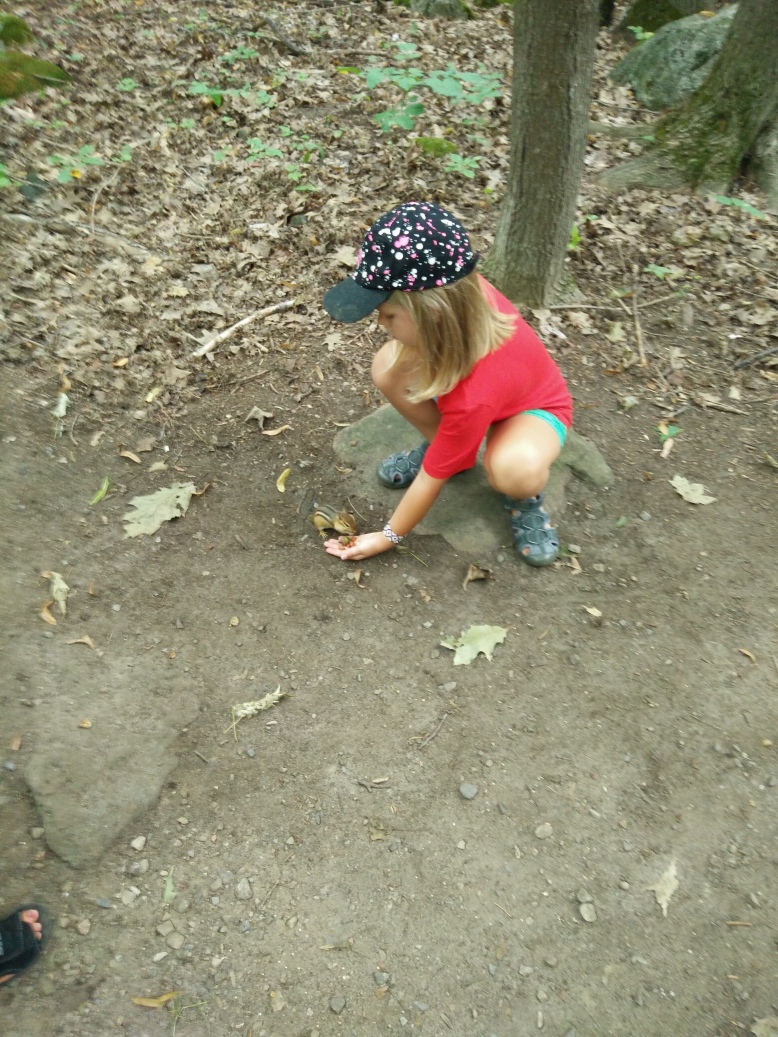 A young girl crouches in the forest while a chipmunk eats out of her hand. 