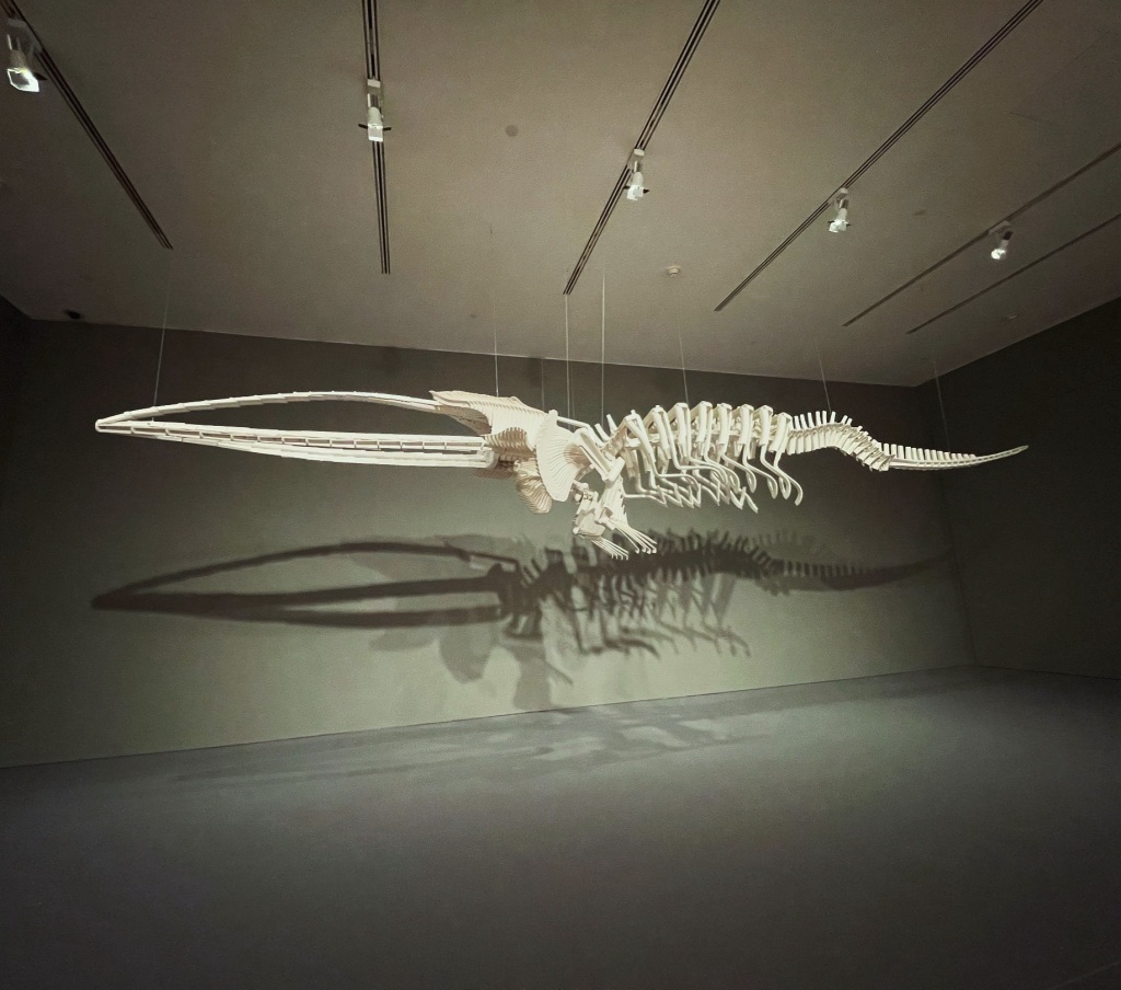 image description: a huge white sculpture of a whale skeleton made out of plastic garden chairs hangs in a grey room.